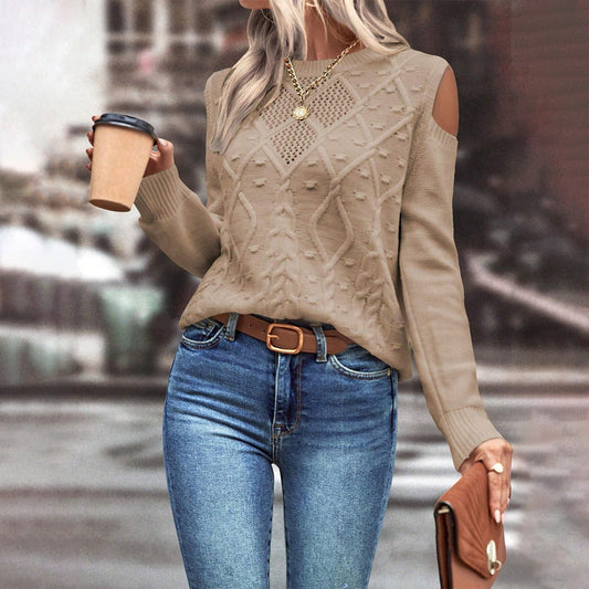 Women’s Sweater – Loose Fit – Open Shoulder – Cable Knit – Ribbed Cuffs