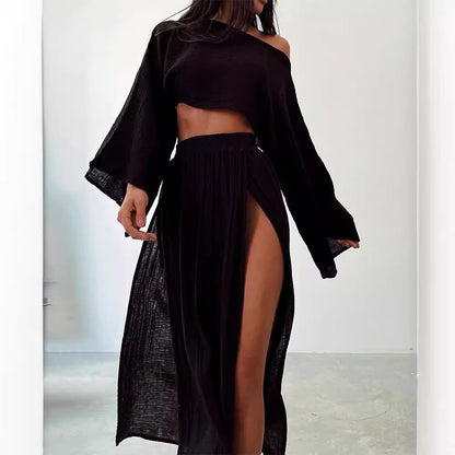 Women’s Two-Piece Set – Relaxed Fit – Boat Neck – 3/4 Wide Sleeves – High Slit Maxi Skirt