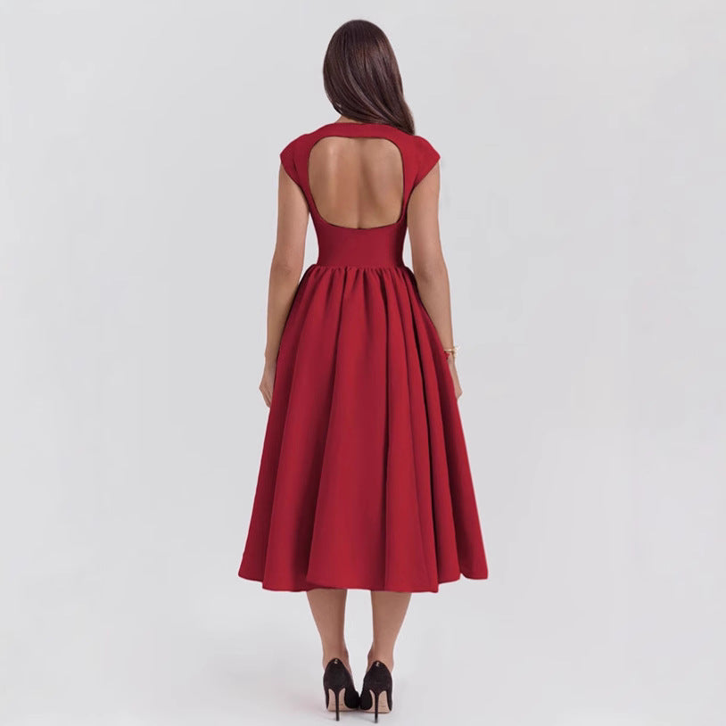 Women’s Midi Dress – Satin Feel – A-Line Fit – Sleeveless – High Neck – Elegant Wear