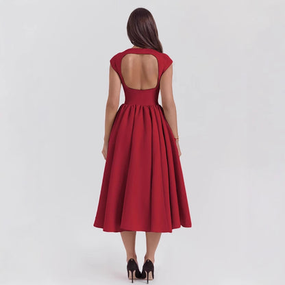 Women’s Midi Dress – Satin Feel – A-Line Fit – Sleeveless – High Neck – Elegant Wear