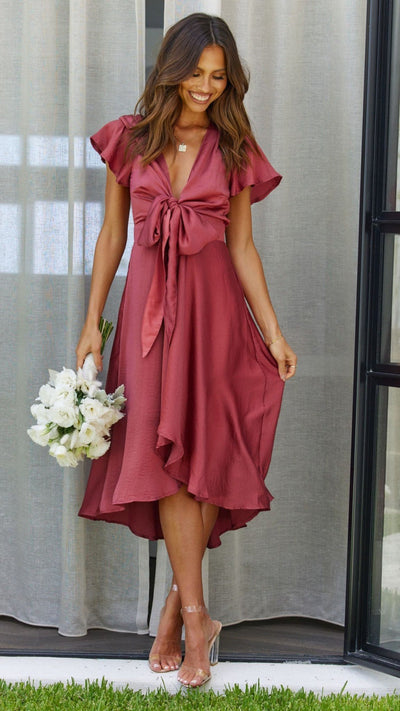 Women’s Midi Dress – Relaxed Fit – V-Neck – Flutter Sleeve – Tie Waist – Asymmetrical Hem