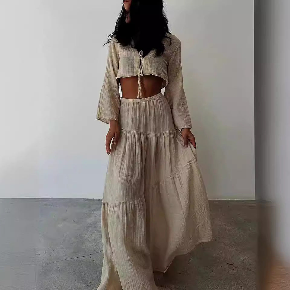 Women’s Two-Piece Set – Cotton Linen – Cropped Tie-Front Cardigan – High-Slit Skirt