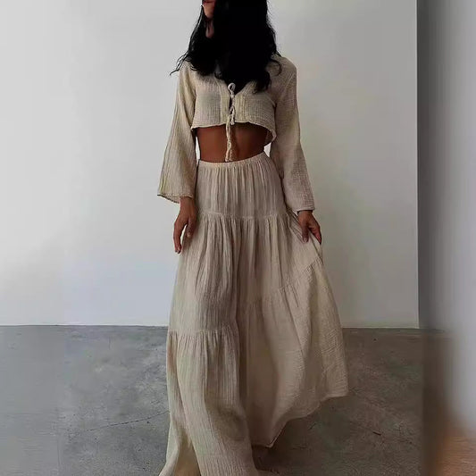 Women’s Two-Piece Set – Cotton Linen – Cropped Tie-Front Cardigan – High-Slit Skirt