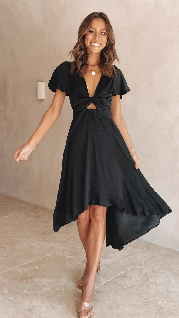 Women’s Midi Dress – Relaxed Fit – V-Neck – Flutter Sleeve – Tie Waist – Asymmetrical Hem