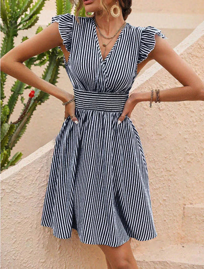 Women's Striped Cotton Dress with Ruffle Sleeves