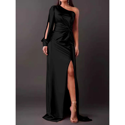 Women’s Maxi Dress – Satin Finish – One Shoulder – High Slit – Ruched Waist – Slim Fit