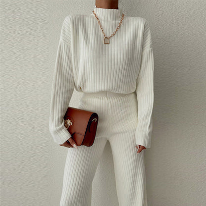 Women’s Knit Set – Ribbed Two-Piece – Relaxed Fit – Semi-High Neck – Full Length