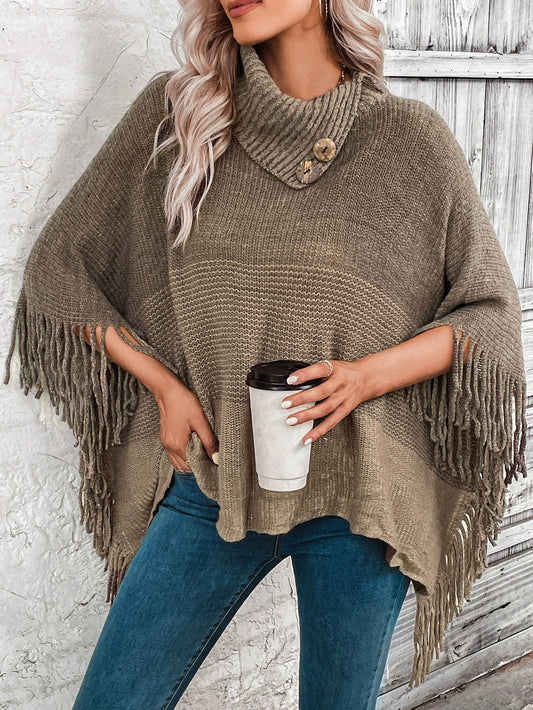 Women’s Knitted Poncho – Wool Blend Knit – Oversized Fit – Lapel Neck with Fringe Hem