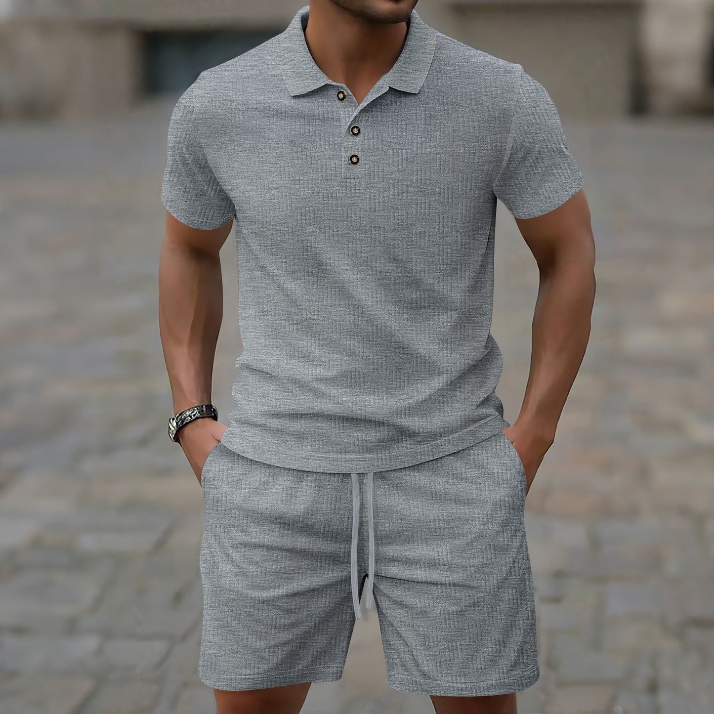 Men’s Casual Set – Short-Sleeve T-Shirt – Slim Fit – Textured Cotton Blend – Structured Collar – Button Placket