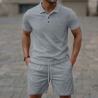Men’s Casual Set – Short-Sleeve T-Shirt – Slim Fit – Textured Cotton Blend – Structured Collar – Button Placket