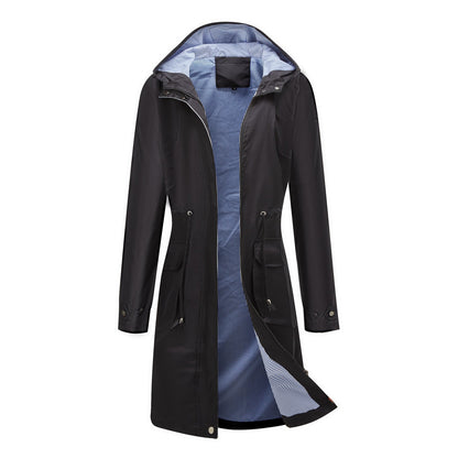 Women’s Longline Hooded Jacket – Relaxed Fit – Water-Resistant – Adjustable Waist – Pockets