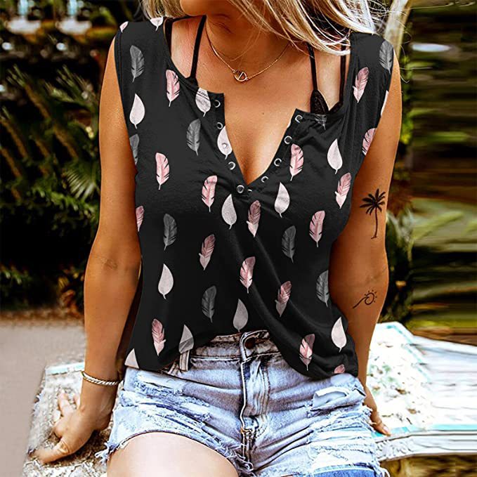 Women’s Sleeveless T-Shirt – Feather Print – V-Neck – Button Placket – Relaxed Fit