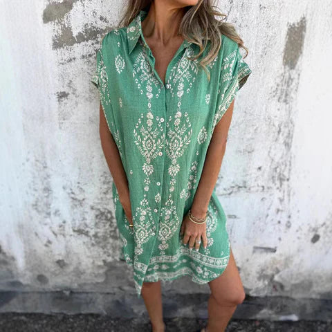 Women’s Shirt Dress – Relaxed Fit – Bohemian Print – Natural Fibers – Mini Length