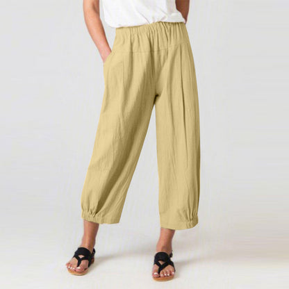 Women’s Harem Pants – Cotton Linen Blend – High Waist – Cropped Relaxed Fit – Side Pockets