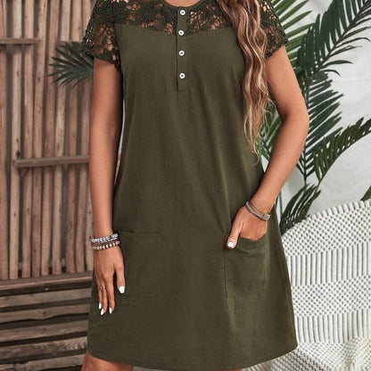 Women's Short Sleeve Dress - Lace Yoke - Buttoned Front - Casual Style