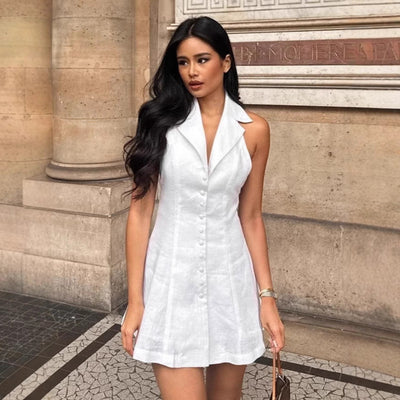 Women’s Mini Dress – Linen Blend – Halter Neck – V-Neck – Button Front A-Line Fit