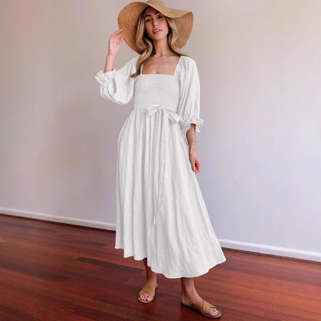 Women’s Midi Dress – Smocked Bodice – Puff Sleeve – A-Line Fit – Reversible Design