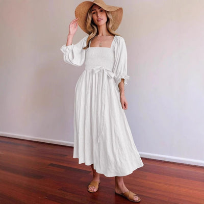 Women’s Midi Dress – Smocked Bodice – Puff Sleeve – A-Line Fit – Reversible Design