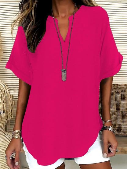 Women’s Blouse – Relaxed Fit – V-Neck – Short Sleeve – Natural Fibers – Hip Length