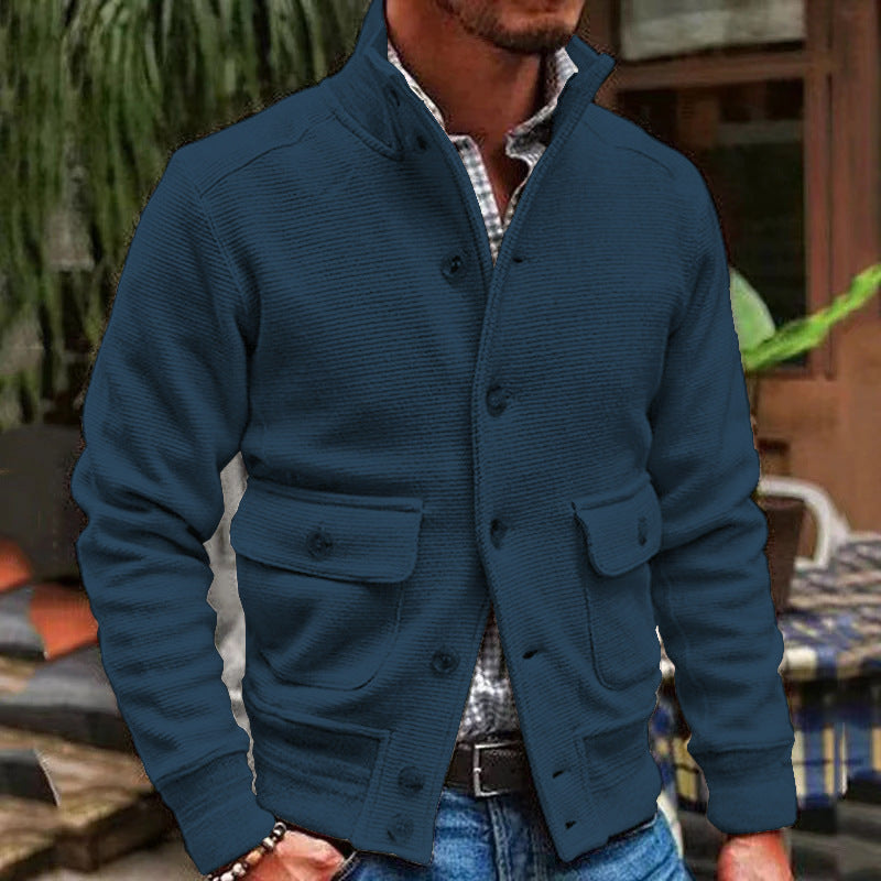 Men’s Jacket – Slim Fit – Textured Fabric – High Collar – Button Front – Flap Pockets