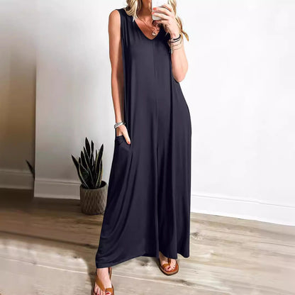 Women’s Maxi Dress – Soft Knit – Relaxed Fit – Sleeveless V-Neck with Pockets