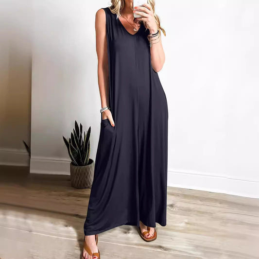 Women’s Maxi Dress – Soft Knit – Relaxed Fit – Sleeveless V-Neck with Pockets