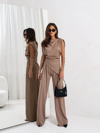 Women’s Two-Piece Pantsuit – Draped Sleeveless Top – High-Waist Wide-Leg Fit