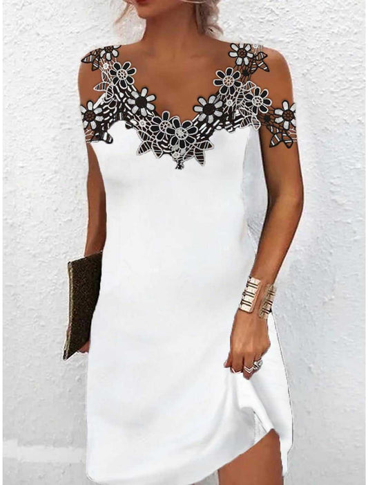 Women’s Mini Dress – Slim Fit – Luxury Fabric – V-Neck – Embroidered Lace – Sleeveless