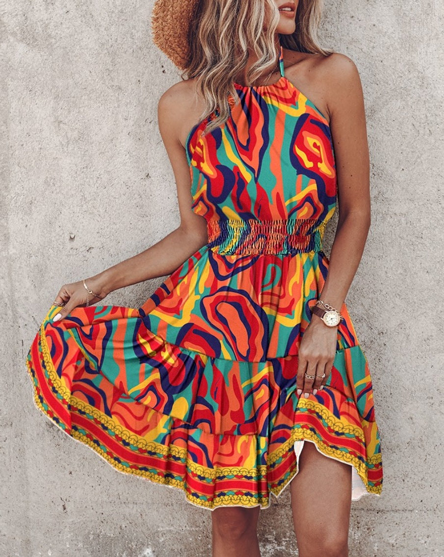 Women’s Halter Neck Midi Dress – Flowy Fit – Cotton Blend – Elastic Waist – Printed