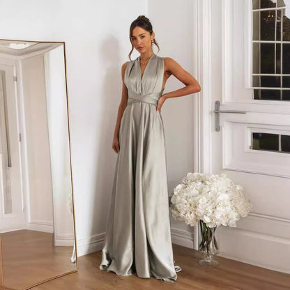 Women’s Maxi Dress – Satin – A-Line Fit – Criss-Cross Back – Halter Tie Neckline