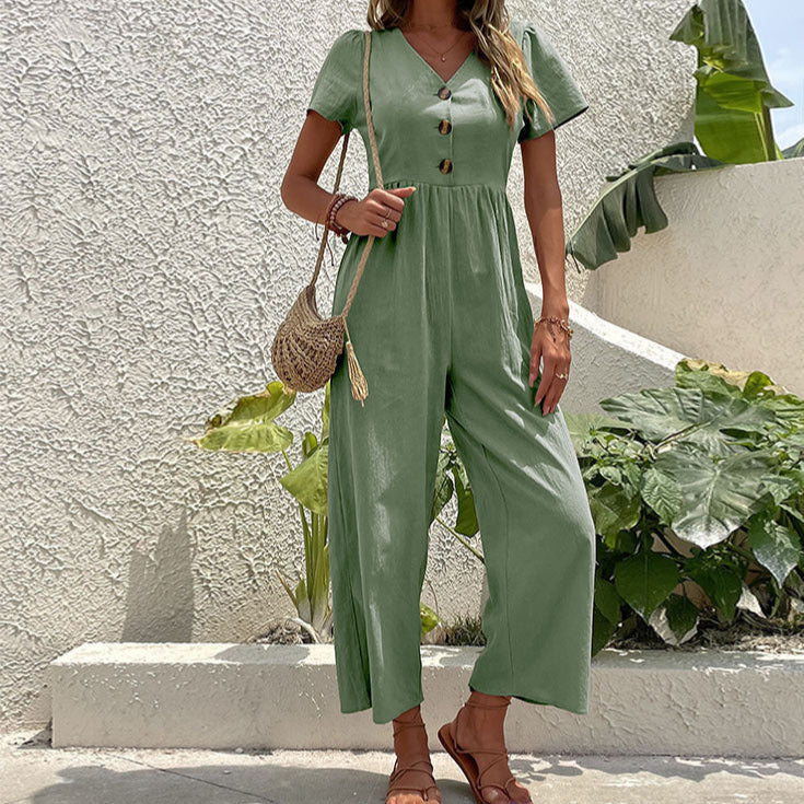 Women’s Jumpsuit – Wide Leg – Button Front – Relaxed Fit – Short Sleeve