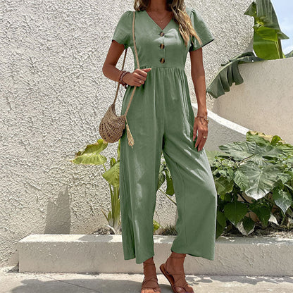 Women’s Jumpsuit – Wide Leg – Button Front – Relaxed Fit – Short Sleeve