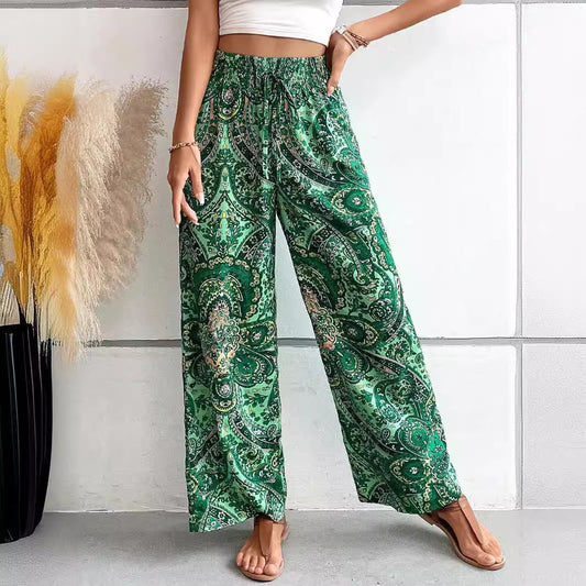 Women’s Wide-Leg Trousers – Relaxed Fit – Elastic Waist – Breathable Blend – Boho Print