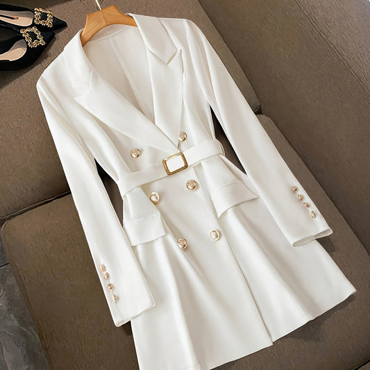 Women’s Blazer Dress – Tailored Fit – Notched Lapel – Belted Waist – Long Sleeve
