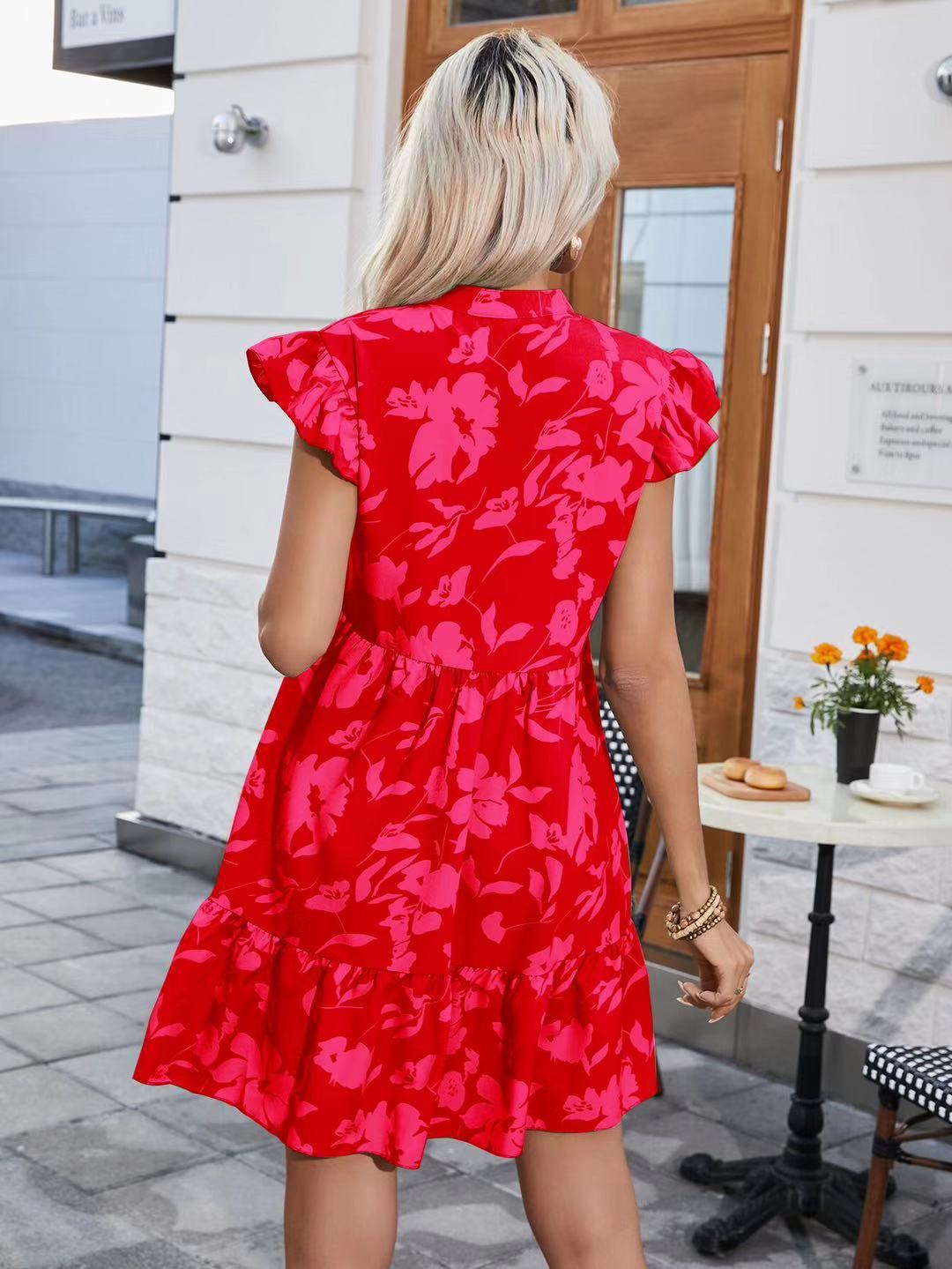 Women's Mini Dress - Flutter Sleeve - V-Neck - Floral Print - Casual Daywear