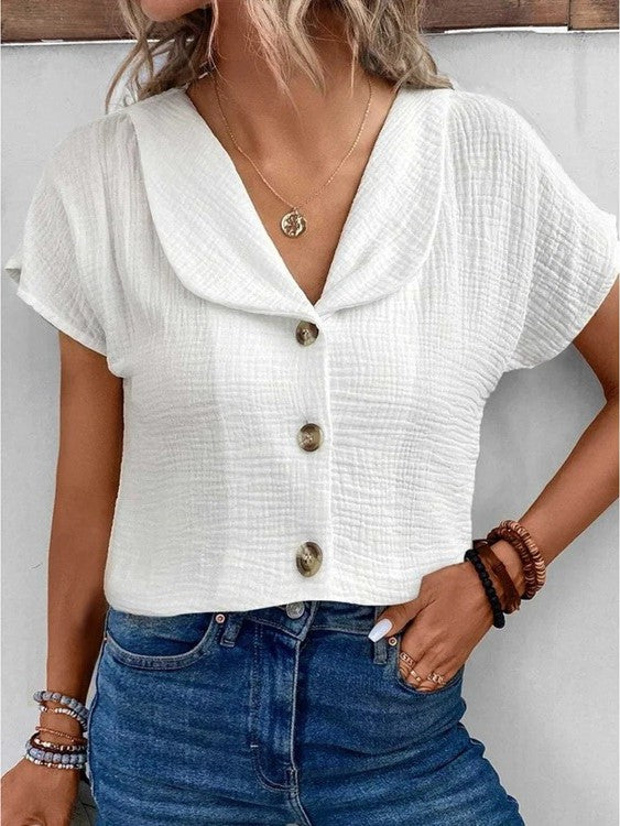 Juliana - casual blouse met V-hals en korte mouwen met knopen