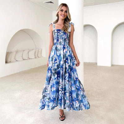 Women’s Maxi Dress – Shirred Bodice – Adjustable Tie Straps – Tiered A-Line Skirt – Floral Print