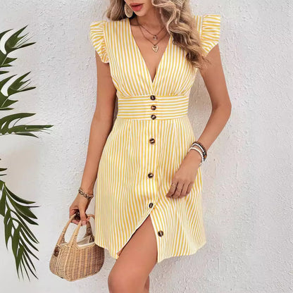 Women's Striped Dress - Ruffled Sleeve - Button Front - V-Neck
