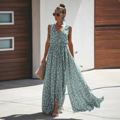 Women’s Maxi Dress – Deep V-Neck – Flowy Fit – Cinched Waist – Boho Style – Lightweight Fabric
