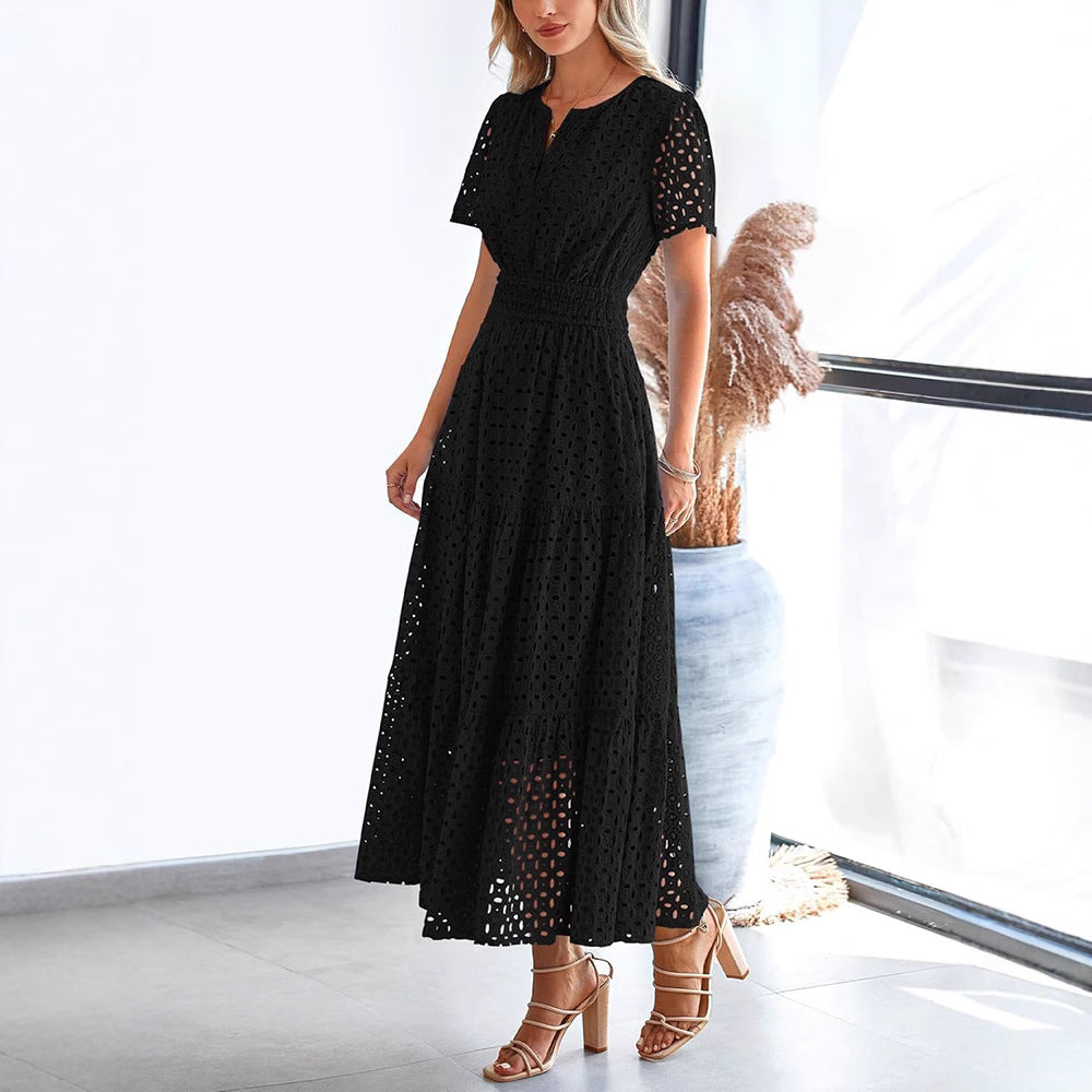 Women’s Long Dress – Embroidered Lace – V-Neck – Elastic Waist – Flowy Short Sleeve