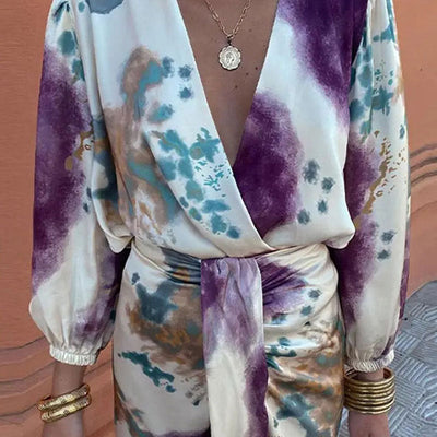 Women’s Wrap Dress – Luxury Fabric – Fitted Waist – Asymmetric Hem – Puff Sleeves