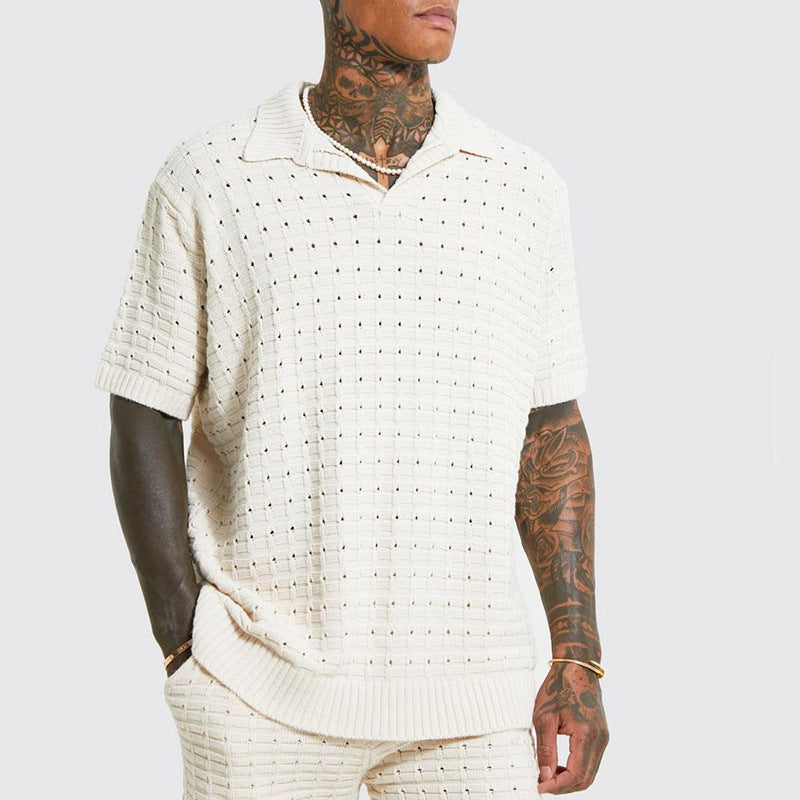 Men’s Knit Polo Shirt – Relaxed Fit – V-Neck – Short Sleeve – Breathable Cotton Blend