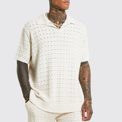 Men’s Knit Polo Shirt – Relaxed Fit – V-Neck – Short Sleeve – Breathable Cotton Blend