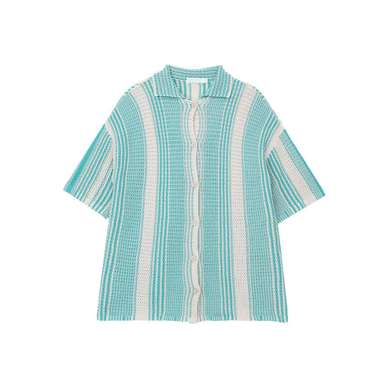 Men’s Knit Shirt – Relaxed Fit – Open Knit – Short Sleeve – Button-Down Striped Casual