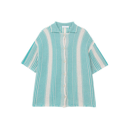 Men’s Knit Shirt – Relaxed Fit – Open Knit – Short Sleeve – Button-Down Striped Casual