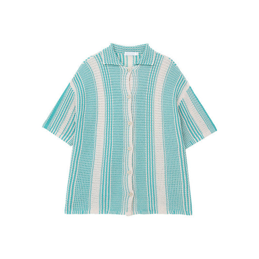 Men’s Knit Shirt – Relaxed Fit – Open Knit – Short Sleeve – Button-Down Striped Casual