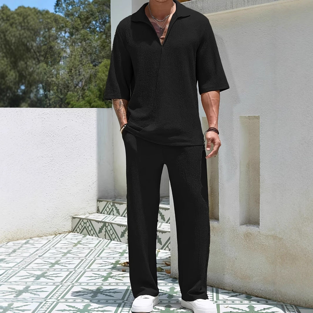 Men’s Casual Set – Textured Lightweight Fabric – Relaxed Fit – Half-Zip Shirt & Trousers