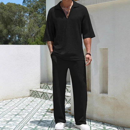 Men’s Casual Set – Textured Lightweight Fabric – Relaxed Fit – Half-Zip Shirt & Trousers