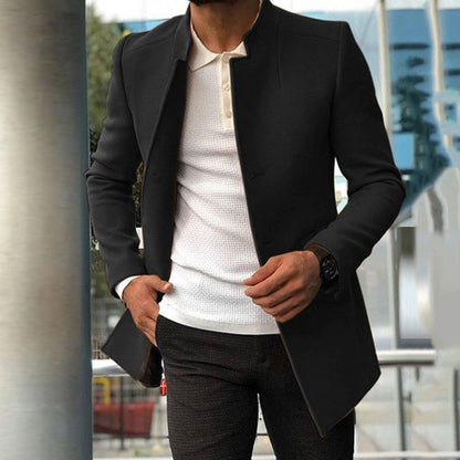Men’s Overcoat – Slim Fit Wool Blend – Standing Collar – Concealed Placket – Mid Length