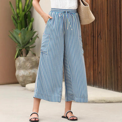 Women’s Wide-Leg Trousers – Relaxed Fit – Vertical Stripes – Breathable Blend – Drawstring Waist